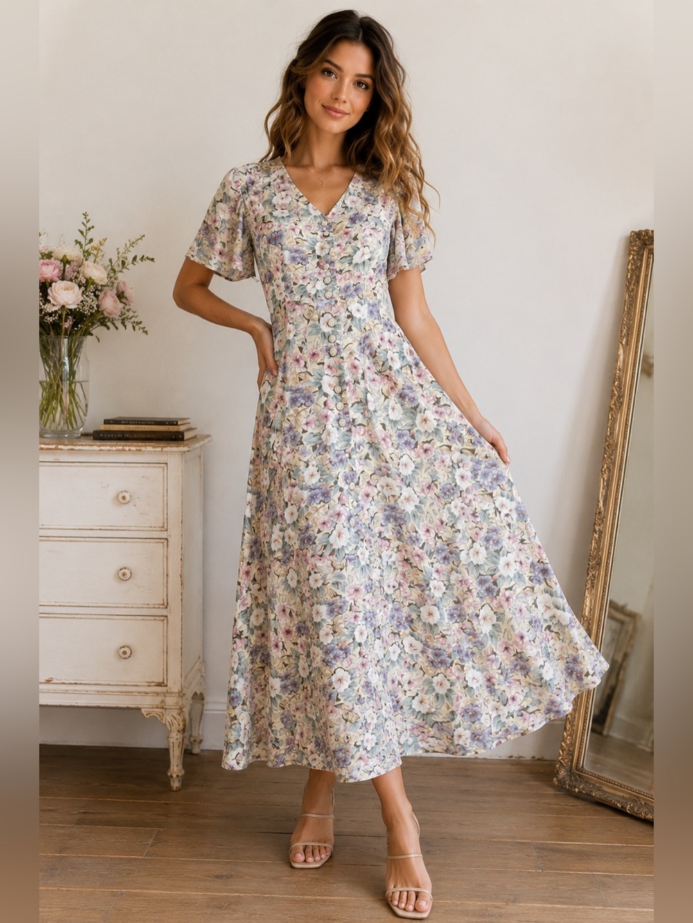 Vintage Betsy Lauren Floral Button Front Midi Dress Cottagecore Rayon Size 6